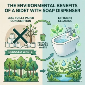 A sustainability-focused graphic showing how using a bidet with soap dispenser significantly reduces toilet paper waste.