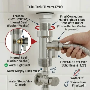 A technical illustration showing the standard sizing and universal fitment for a 7/8 inch bidet t adapter.
