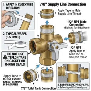 Applying Teflon tape to the threads of a bidet t connector to ensure a leak-proof seal.