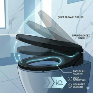 Diagram of the silent slow-close hinge mechanism on a modern luxury toilet seat.