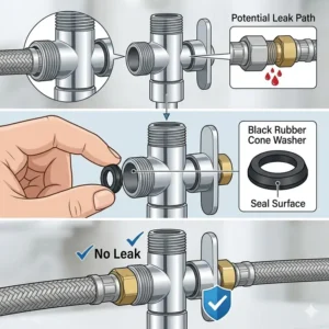 Diagram explaining the correct placement of a rubber washer inside a t adapter valve to prevent leaks.