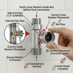 An illustration highlighting the correct rubber washer placement to ensure a leak-proof bidet t adapter seal.