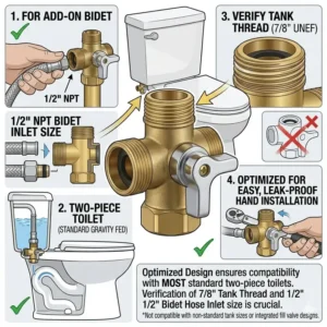 Compatibility chart showing which toilet types work with a standard bidet t connector.