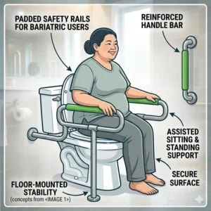 Bariatric user utilizing the safety grab bars and handles on the best toilet for obese person.