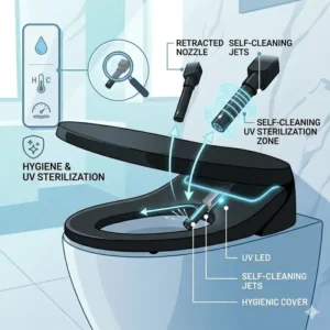 Hygiene-focused graphic of the self-cleaning UV bidet nozzle in a luxury toilet seat.