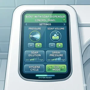 A view of the user interface and control knobs used to adjust the soap dilution on a bidet with soap dispenser.