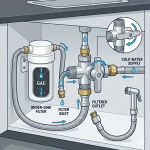 A visual guide showing a t adapter valve connected to an under-sink water filtration system.