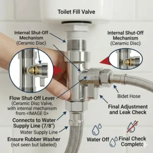 A final assembly illustration showing a fully installed and connected bidet t adapter in a bathroom setting.