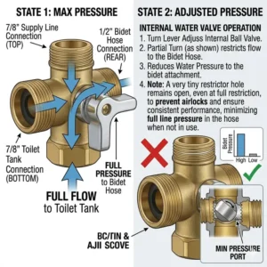 Detailed view of the pressure control lever on a bidet t connector for water flow adjustment.