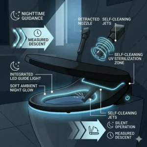 Professional technical drawing for the universal installation of a luxury toilet seat.