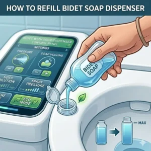 A simple visual guide demonstrating how to easily refill the liquid soap tank on a bidet with soap dispenser.