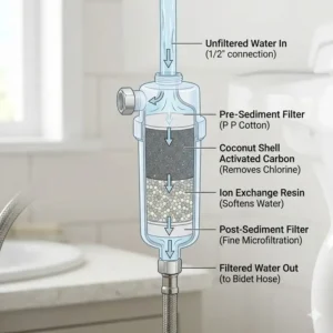 Internal diagram showing the filtration layers of a bidet water filter.