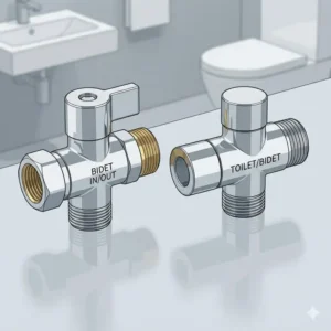 Metal T-valve adapter shown as essential replacement toilet bidet parts for water supply connection.