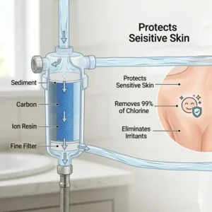 Graphic explaining how a bidet water filter protects sensitive skin from impurities.