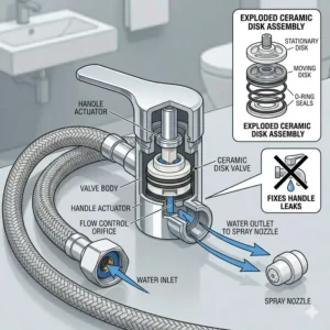 Internal ceramic disk valve mechanism featured in the replacement toilet bidet parts catalog.