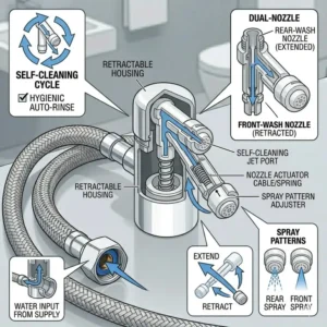 Dual spray nozzle assembly and retractable housing among the available replacement toilet bidet parts.