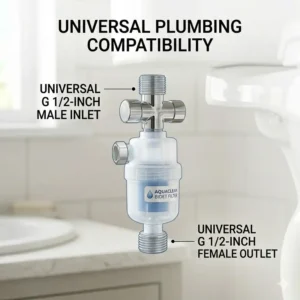 Technical drawing of a bidet water filter with universal 1/2 inch connections.