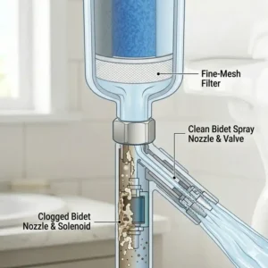 Illustration showing how a bidet water filter prevents clogs and mineral buildup.