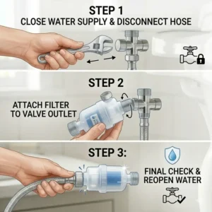 Step-by-step visual guide for easy bidet water filter installation.