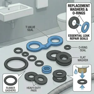 Various sizes of rubber O-rings and washers categorized as replacement toilet bidet parts for leak repair.