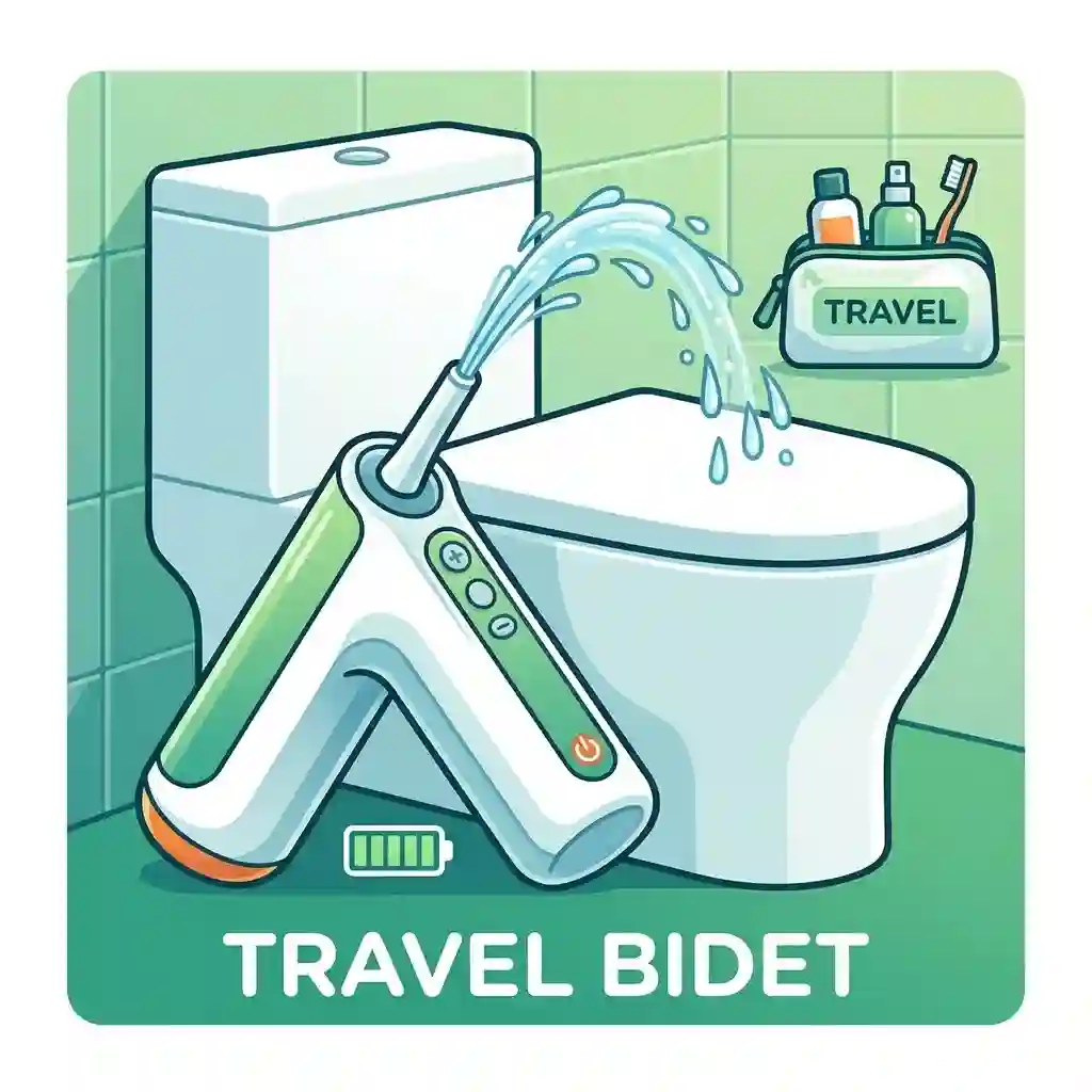 A high-quality handheld battery operated bidet shown next to a modern toilet for travel hygiene.