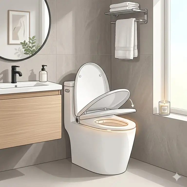 A modern, clean bathroom featuring a luxury smart toilet with an automatic open and auto close toilet seat.