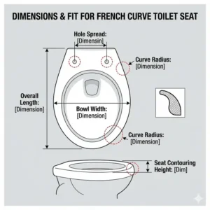 A technical diagram showing the exact measurements and bolt spread of a french curve toilet seat.