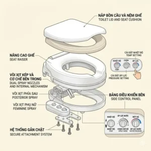 An instructional anatomy diagram labeling the key features and components of a raised toilet seat with bidet.