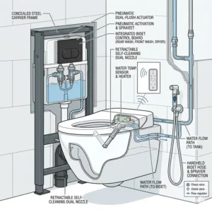 An explanatory illustration demonstrating the space-saving advantages of a compact wall hung bidet toilet in small bathrooms.