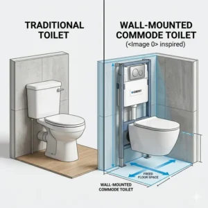 Diagram comparing a traditional toilet with a wall mounted commode toilet to show space-saving benefits in a small bathroom.