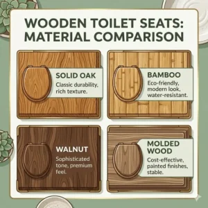 A comparison chart of different materials for wooden toilet seats including bamboo, solid oak, and walnut.