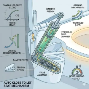 Infographic diagram illustrating the hydraulic damper mechanism inside a slow closing and auto close toilet seat hinge.