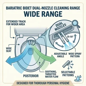 Diagram of a bariatric bidet's adjustable dual-nozzle system providing a wide cleaning range for improved personal hygiene.