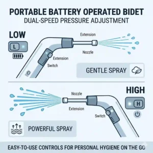 Illustration showing the dual-speed spray options of a battery operated bidet for adjustable water pressure.