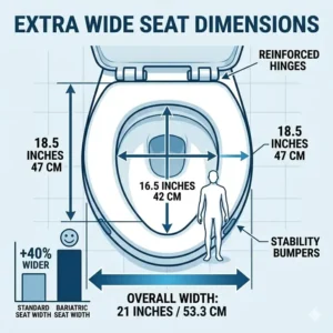 Technical drawing showing the extra wide seat dimensions of a toilet obese person uses comfortably.
