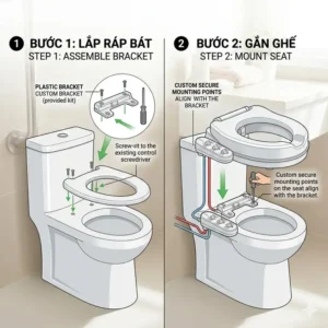 A step-by-step installation guide diagram showing how to securely mount a raised toilet seat with bidet onto a standard toilet.
