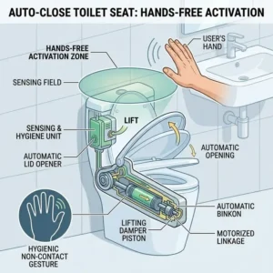 Vector illustration showing a hands-free bathroom experience highlighting the hygienic benefits of an auto close toilet seat.