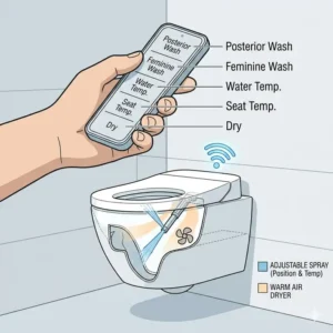A detailed diagram highlighting the wireless remote control features paired with an electronic wall hung bidet toilet.