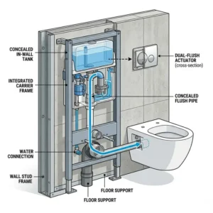 Illustration of the concealed carrier frame and plumbing system inside the wall for a wall mounted commode toilet.