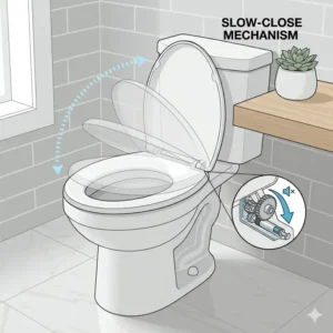 An illustration showing the slow-close hinge system of a french curve toilet seat to prevent slamming.