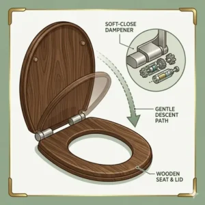 Illustration demonstrating the quiet soft-close hinge mechanism on a dark wooden toilet seats.