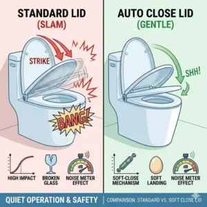 Side-by-side comparison illustration showing a slamming standard lid versus a quiet, gentle auto close toilet seat.