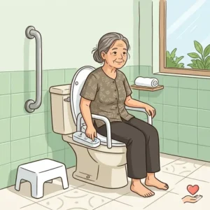 A senior-friendly independent living bathroom equipped with a heavy-duty raised toilet seat with bidet for elderly accessibility.