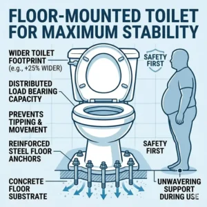 Illustration highlighting floor mounted stability features of a heavy duty toilet obese friendly design.