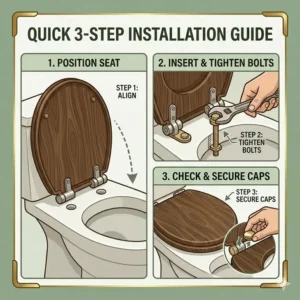 Step-by-step diagram showing how to easily install wooden toilet seats using top-fix stainless steel hinges.