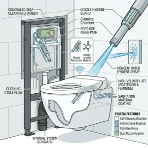 A close-up graphic showing the self-cleaning dual nozzle mechanism of an elongated wall hung bidet toilet.
