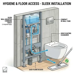 Illustration showing easy floor cleaning underneath a floating wall mounted commode toilet.