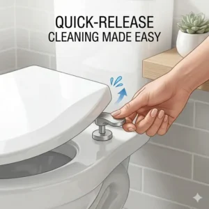 A close-up graphic of the quick-release buttons on a french curve toilet seat for easy removal and cleaning.