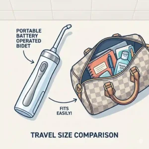 A size comparison illustration of a battery operated bidet fitting easily into a standard travel handbag.