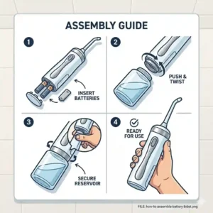 Step-by-step diagram showing how to attach the water reservoir to a battery operated bidet.